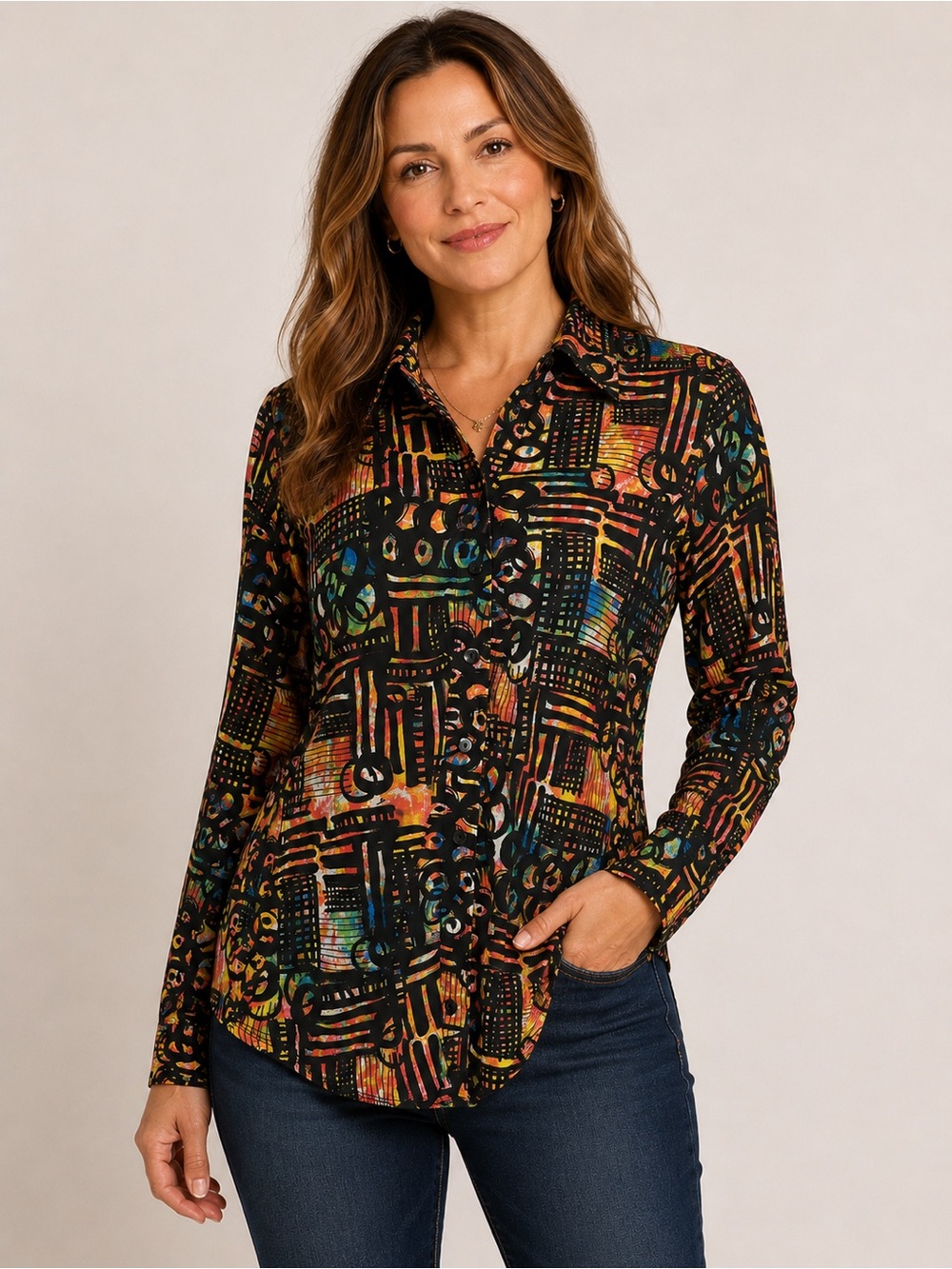 SNO SKINS Women's Abstract Print Long Sleeve Button Down Shirt Multi-Color Small
